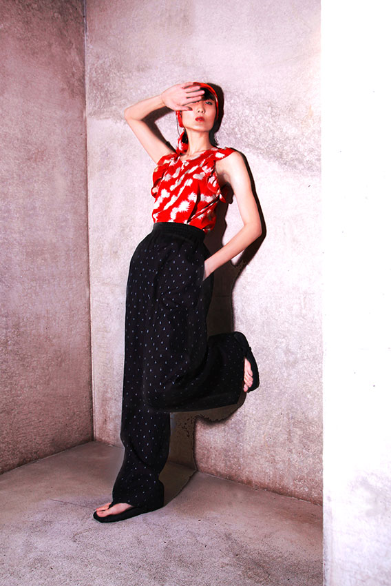 GotoAsato Silk17 Showa Frilled Top Maxi Kimono Silk Trousers