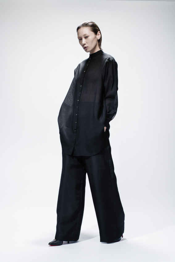 GotoAsato Silk17 Black Buttoned Shirt, Maxi Silk Trousers